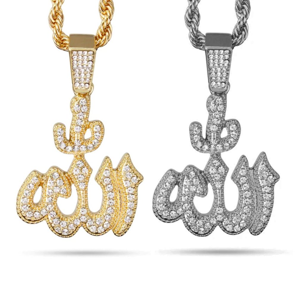 Hip Hop Iced Allah Muslim Cubic Zirconia Pendant 24" Rope Chain Bling Necklace